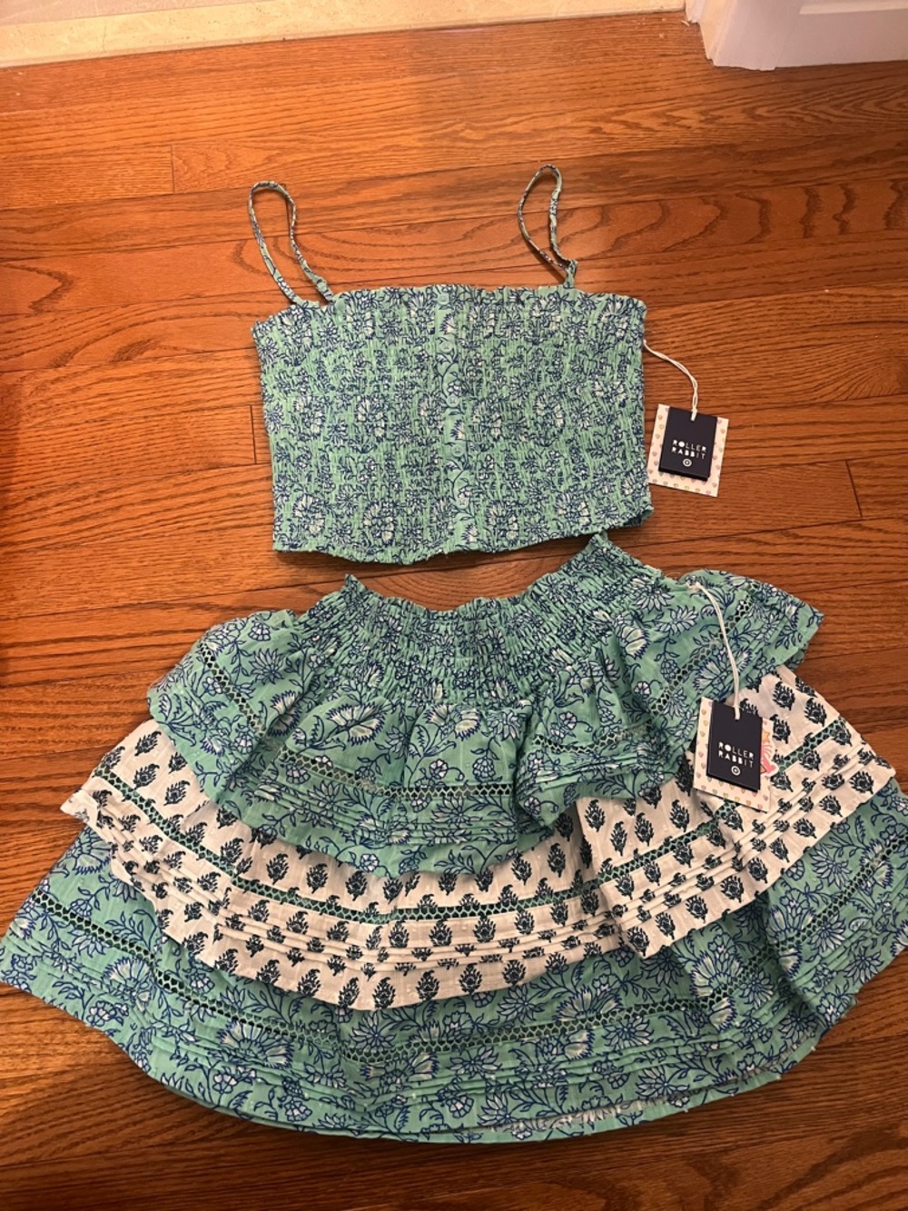 Roller Rabbit Mint Green and White Tiered Mini Skirt with matching top